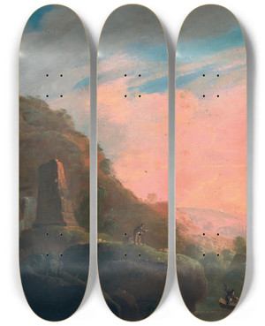 Triptych art skateboard deck of Frantisek Xaver Prochazka A Scene At Dusk In A Vast Bucolic Landscape by Frantisek Xaver Prochazka (1746-1815)