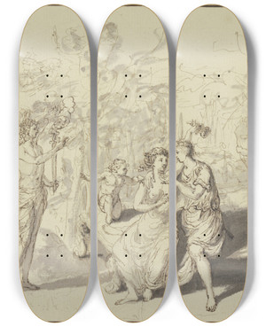 Triptych art skateboard deck of Pieter Tanj Liebespaar Mit Genius Und Putten by Pieter Tanje (1706-1761)