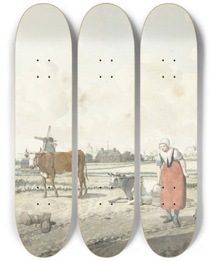 Triptych art skateboard deck of W Barthautz Landschap Met Boerin En Vee by W Barthautz (18-19-)