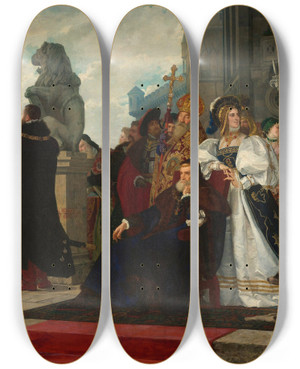 Triptych art skateboard deck of Henryk Rodakowski Chicken War by Henryk Rodakowski (1823-1894)