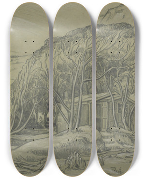 Triptych art skateboard deck of Roland Hipkins Untitled Landscape With Shed And Trees by Roland Hipkins (1894-1951)