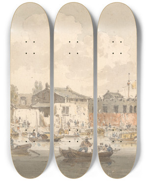 Triptych art skateboard deck of William Alexander Fort Opposite The Factory Canton by William Alexander (1767-1816)