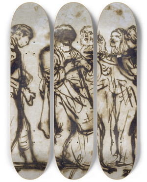 Triptych art skateboard deck of Adam Elsheimer The Denial Of Peter by Adam Elsheimer (1578-1610)