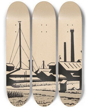 Triptych art skateboard deck of Karl Wiener Fabriksanlagen by Karl Wiener (1901-1949)