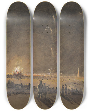 Triptych art skateboard deck of John Wilson Carmichael A Fireworks Display by John Wilson Carmichael (1800-1868)