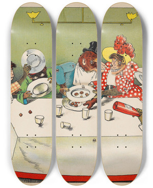 Triptych art skateboard deck of Lothar Meggendorfer The Monkey Theatre by Lothar Meggendorfer (1847-1925)