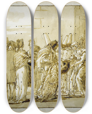 Triptych art skateboard deck of Giovanni Domenico Tiepolo Punchinellas Father Brings Home His Bride_2 by Giovanni Domenico Tiepolo (1727-1804)