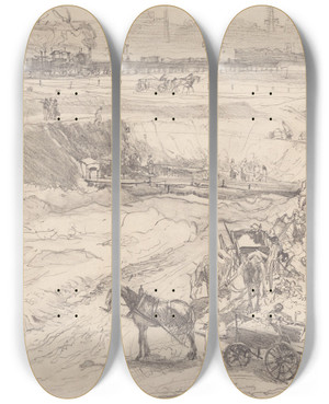 Triptych art skateboard deck of Adolph Von Menzel Open Pit Mine In Knigshtte by Adolph Von Menzel (1815-1905)