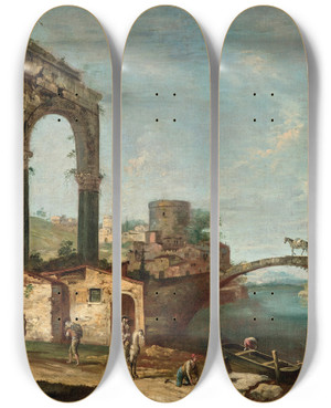 Triptych art skateboard deck of Francesco Albotto Landscape With Classical Ruins And Figures By A River A Bridge Beyond by Francesco Albotto (1721-1757)