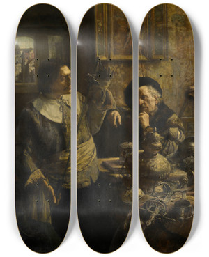 Triptych art skateboard deck of Lon Brunin An Excellent Choice Of Weapons by Leon Brunin (1861-1949)