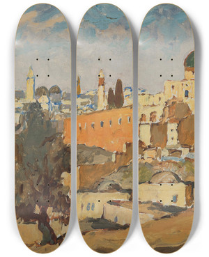 Triptych art skateboard deck of Konstantin Ivanovich Gorbatov View Of Jerusalem From Silwan Village by Konstantin Ivanovich Gorbatov (1876-1945)