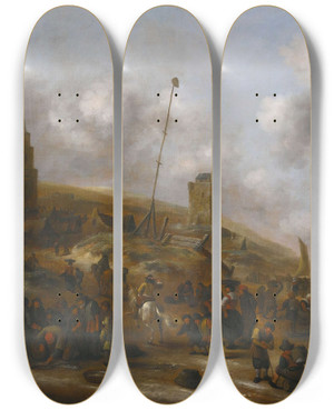 Triptych art skateboard deck of Nicolaes Molenaer The Beach At Scheveningen With Fishermen Unloading Their Catch by Nicolaes Molenaer (1626-1676)