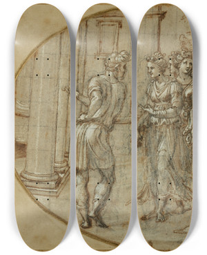Triptych art skateboard deck of Baldassare Peruzzi Odysseus And The Daughters Of Lycomedes by Baldassare Peruzzi (1481-1536)