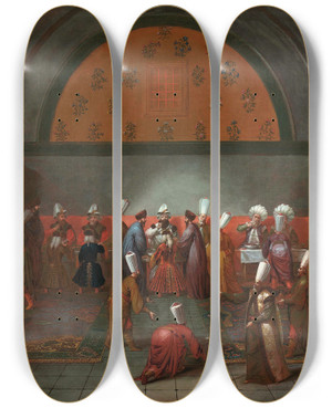 Triptych art skateboard deck of Jean Baptiste Vanmour The Meal In Honour Of Ambassador Cornelis Calkoen by Jean Baptiste Vanmour (1671-1737)