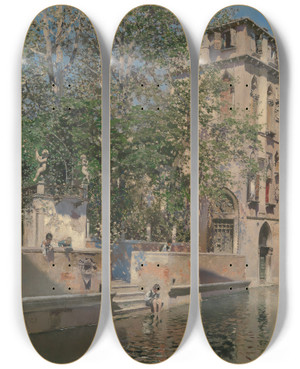 Triptych art skateboard deck of Martin Rico Y Ortega A Canal In Venice by Martin Rico Y Ortega (1833-1908)
