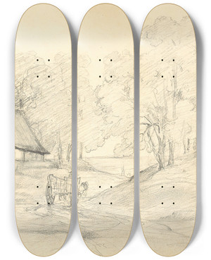 Triptych art skateboard deck of Jeanbaptistecamille Corot Chaumire Dans Un Paysage Arbor Avec Un Homme Dans Une Charrette by Jean-Baptiste-Camille Corot (1796-1875)