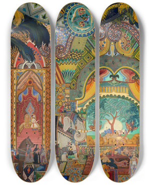 Triptych art skateboard deck of Vladimir Pleshakov Set Design For The Ballet The Firebird by Vladimir Pleshakov (1891-1942)