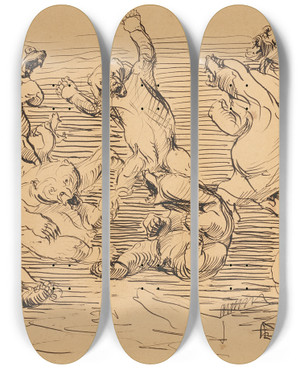 Triptych art skateboard deck of Franz Barwig The Elder Raufende Bren_2 by Franz Barwig The Elder (1868-1931)