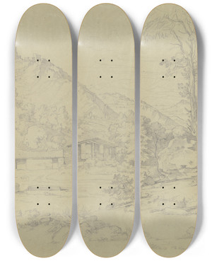 Triptych art skateboard deck of Johann Wilhelm Schirmer Gebirgspartie Mit Ruinen Auf Den Bergen Vorn Ein Wasser Mit Einigen Htten by Johann Wilhelm Schirmer (1807-1863)