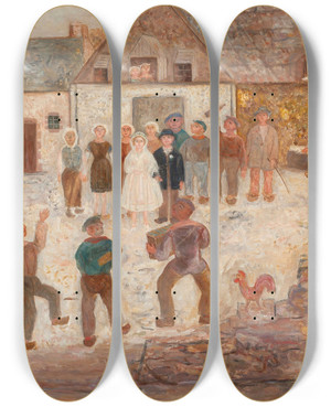 Triptych art skateboard deck of Tadeusz Makowski Wedding In A Village by Tadeusz Makowski (1882-1932)