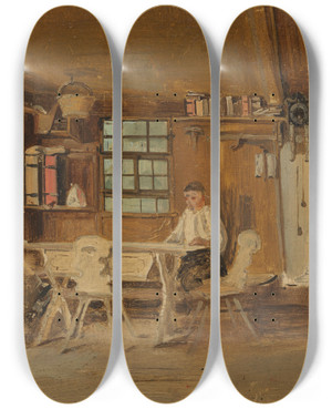 Triptych art skateboard deck of Johann Baptist Kirner Schwarzwlder Bauernstube Mit Einer Strickenden Buerin Und Einem Lesendem Bauern by Johann Baptist Kirner (1806-1866)