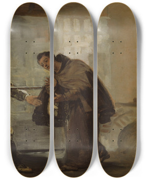 Triptych art skateboard deck of Francisco De Goya Friar Pedro Offers Shoes To El Maragato And Prepares To Push Aside His Gun by Francisco de Goya (1746-1828)