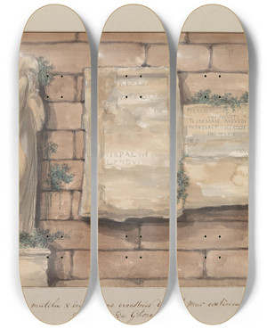 Triptych art skateboard deck of Abrahamlouisrodolphe Ducros Beschadigd Beeld En Inscripties Gemetseld In Muur Van Kasteel In Stad Gozo by Abraham-Louis-Rodolphe Ducros (1748-1810)