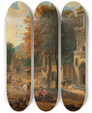 Triptych art skateboard deck of Mathys Schoevaerdts Coastal Landscape With Fishermen Unloading Their Catch by Mathys Schoevaerdts (1665-1702)