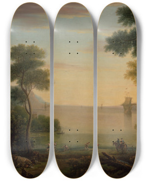 Triptych art skateboard deck of John Wootton Classical Landscape With Figures And Animals Sunset by John Wootton (1686-1765)