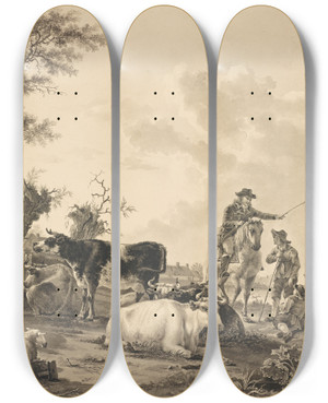Triptych art skateboard deck of Jacob Van Strij Landscape With Cattle Sheep And Herders by Jacob Van Strij (1756-1815)