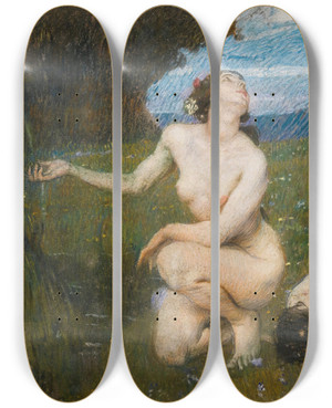 Triptych art skateboard deck of Ettore Tito La Sorgente by Ettore Tito (1859-1941)