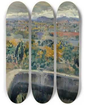 Triptych art skateboard deck of Joaquin Mir Trinxet The New Pond by Joaquin Mir Trinxet (1873-1940)