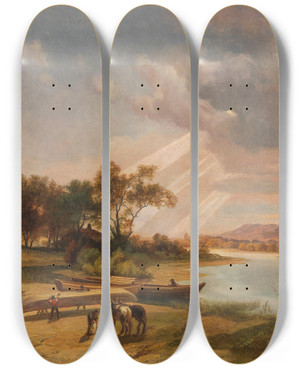Triptych art skateboard deck of Ignaz Raffalt Boatbuilders On The Riverbank by Ignaz Raffalt (1800-1857)