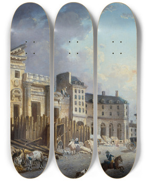 Triptych art skateboard deck of Pierreantoine Demachy Dmolition De Lglise Saintbarthlemy by Pierre-Antoine Demachy (1723-1807)