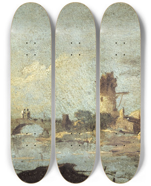 Triptych art skateboard deck of Francesco Guardi Caprice Rustique Avec Pont Et Tour En Ruine by Francesco Guardi (1712-1793)