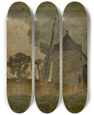 Triptych art skateboard deck of Johan Barthold Jongkind Landscape With A Windmill by Johan Barthold Jongkind (1819-1891)