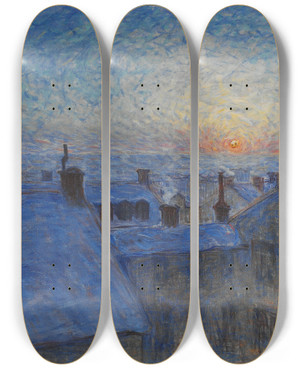 Triptych art skateboard deck of Eugne Jansson Sunrise Over The Rooftops Motif From Stockholm by Eugene Jansson (1862-1915)
