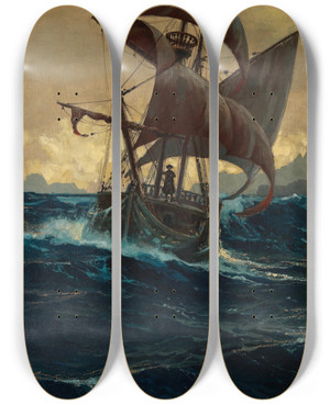 Triptych art skateboard deck of Michael Zeno Diemer The Flying Dutchman by Michael Zeno Diemer (1867-1939)