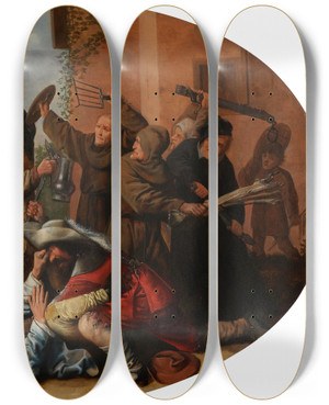 Triptych art skateboard deck of Jan Miense Molenaer Battle Between Carnival And Lent by Jan Miense Molenaer (1610-1668)