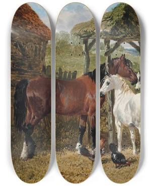 Triptych art skateboard deck of John Frederick Herring Jr Horses Cows And Chickens In A Farmyard by John Frederick Herring Jr (1820-1907)