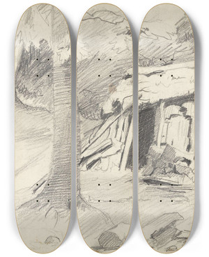 Triptych art skateboard deck of Gustav Wentzel Hut In The Forest by Gustav Wentzel (1859-1927)