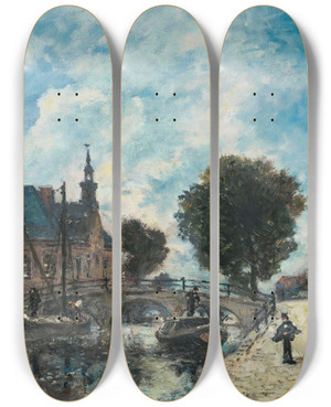 Triptych art skateboard deck of Johan Barthold Jongkind Le Spui La Haye by Johan Barthold Jongkind (1819-1891)