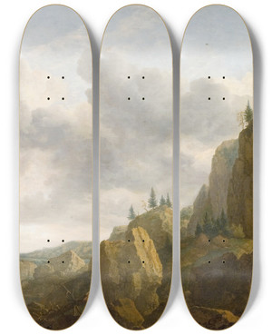 Triptych art skateboard deck of Allaert Van Everdingen Northern Mountain Landscape With Waterfall by Allaert Van Everdingen (1621-1675)