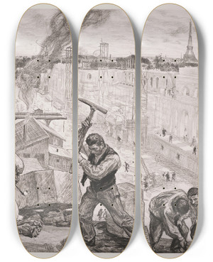 Triptych art skateboard deck of Charles Paul Renouard Construction Des Deux Palais by Charles Paul Renouard (1845-1924)