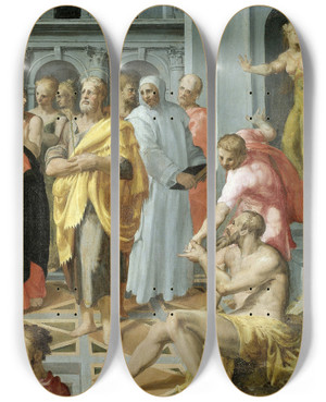 Triptych art skateboard deck of Pellegrino Tibaldi Visitation Meeting Of Mary And Elizabeth In The Presence Of Saints Joseph And Jerome by Pellegrino Tibaldi (1527-1596)