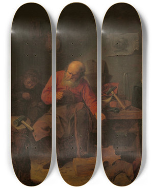 Triptych art skateboard deck of David Ryckaert Iii Interior Of A Cobblers Shop by David Ryckaert Iii (1612-1661)