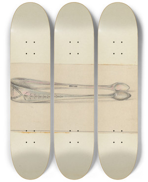Triptych art skateboard deck of Mary Berner Silver Sugar Tongs by Mary Berner