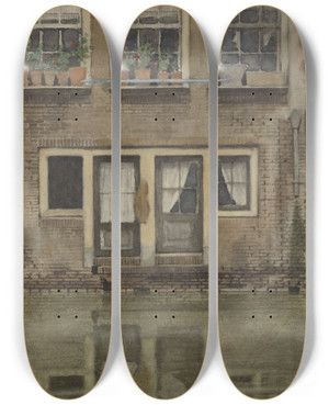 Triptych art skateboard deck of Willem Witsen Huizen Aan Een Gracht Te Amsterdam by Willem Witsen (1860-1923)