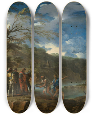 Triptych art skateboard deck of Salvator Rosa Polycrates And The Fisherman by Salvator Rosa (1615-1673)
