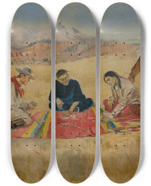 Triptych art skateboard deck of Charles Marion Russell The Pokergame by Charles Marion Russell (1864-1926)